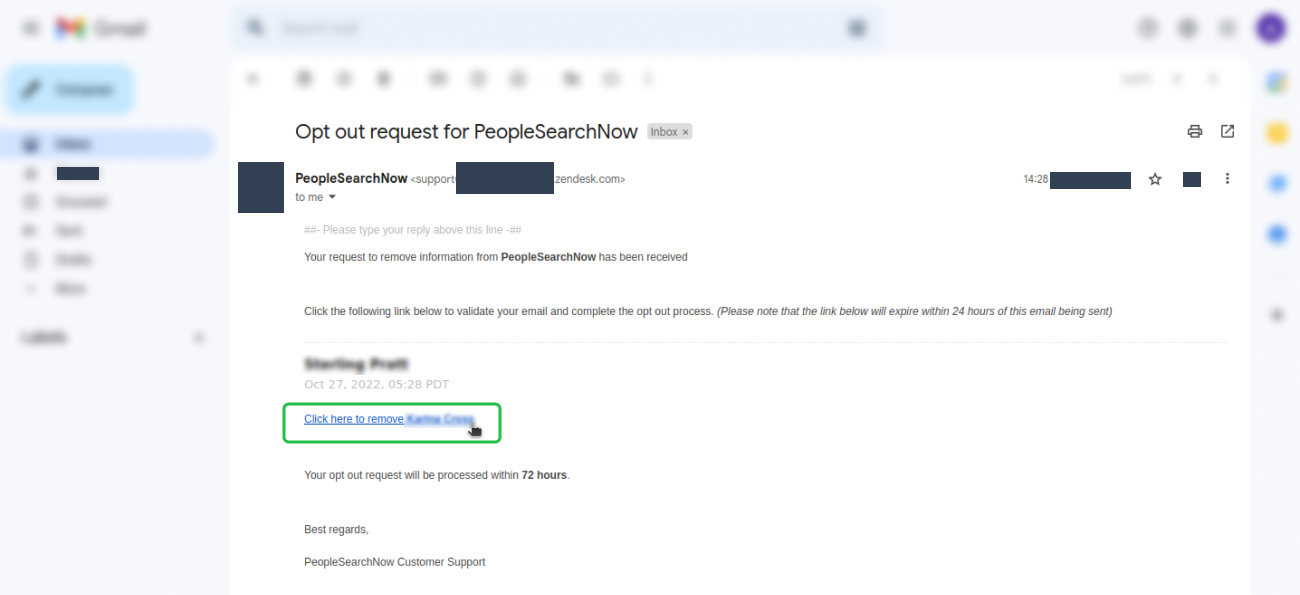 Historical verification message interface example for PeopleSearchNow. Example identifying details are obscured where needed.