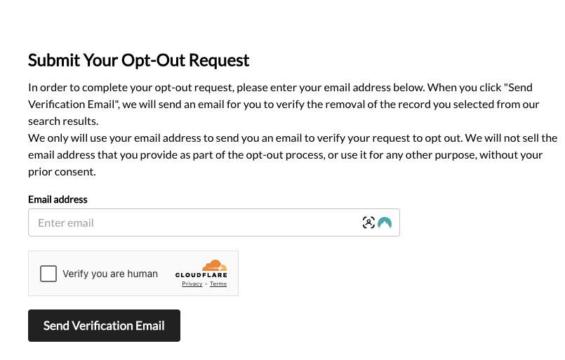 Historical Enter your email address, solve the CAPTCHA, and click “ send verification email .” interface example for PeopleSmart. Example identifying details are obscured where needed.