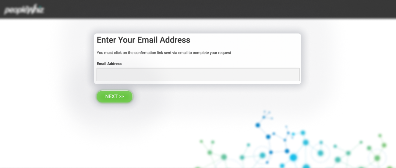 Historical Enter your email address and click “NEXT” interface example for PeopleWhiz. Example identifying details are obscured where needed.