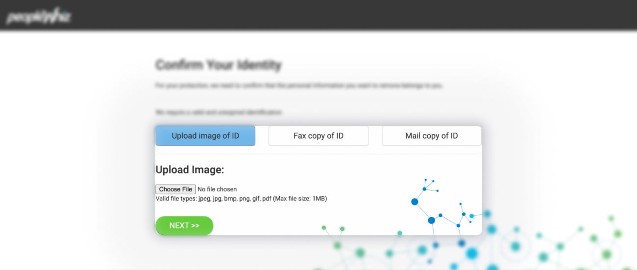 Historical Upload a picture and click “ next .” interface example for PeopleWhiz. Example identifying details are obscured where needed.