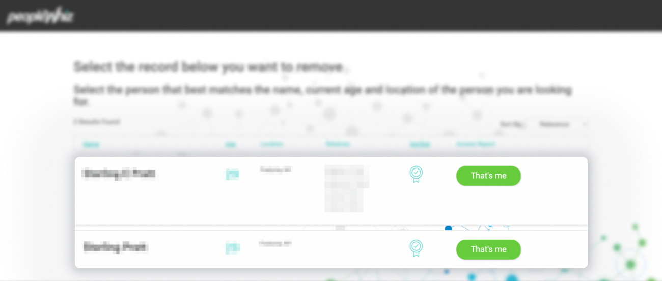 Historical Find your listing and click “that’s me.” interface example for PeopleWhiz. Example identifying details are obscured where needed.