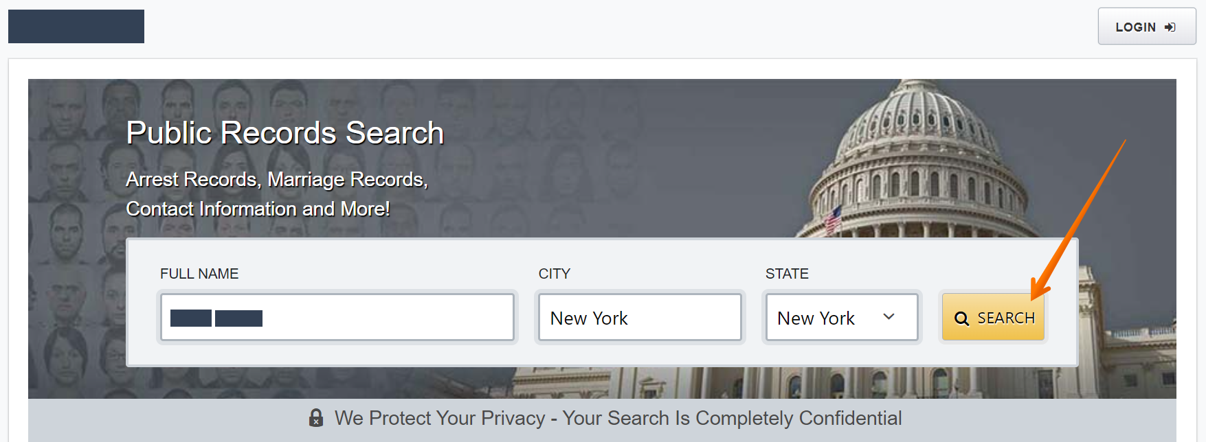 Historical record search interface example for Persopo. Example identifying details are obscured where needed.