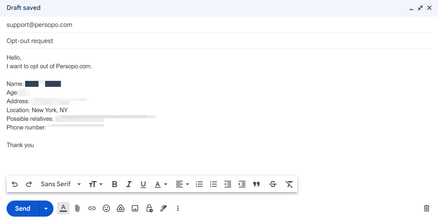 Historical email request example interface example for Persopo. Example identifying details are obscured where needed.