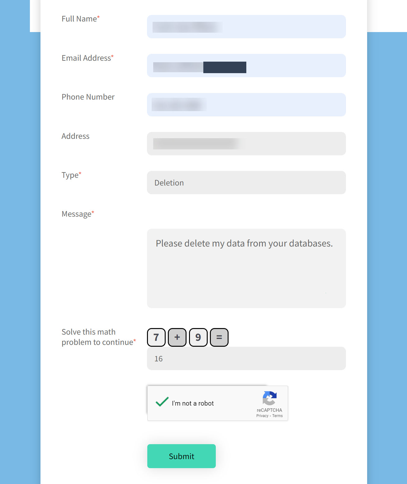 Historical personal-information request form interface example for Pipl. Example identifying details are obscured where needed.