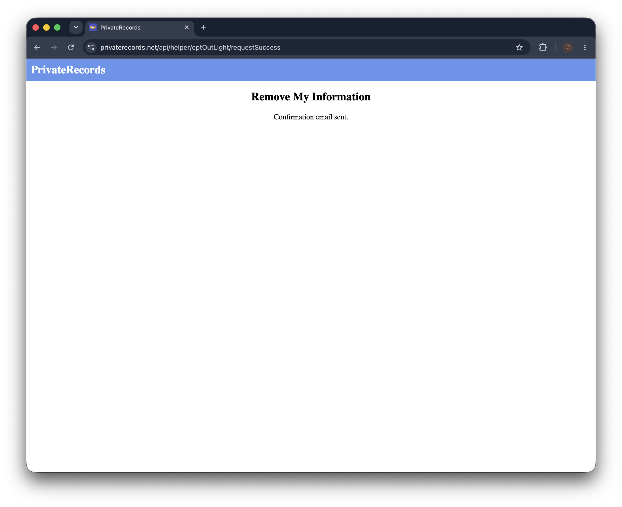 Historical confirmation-email-sent response interface example for PrivateRecords.net. Example identifying details are obscured where needed.