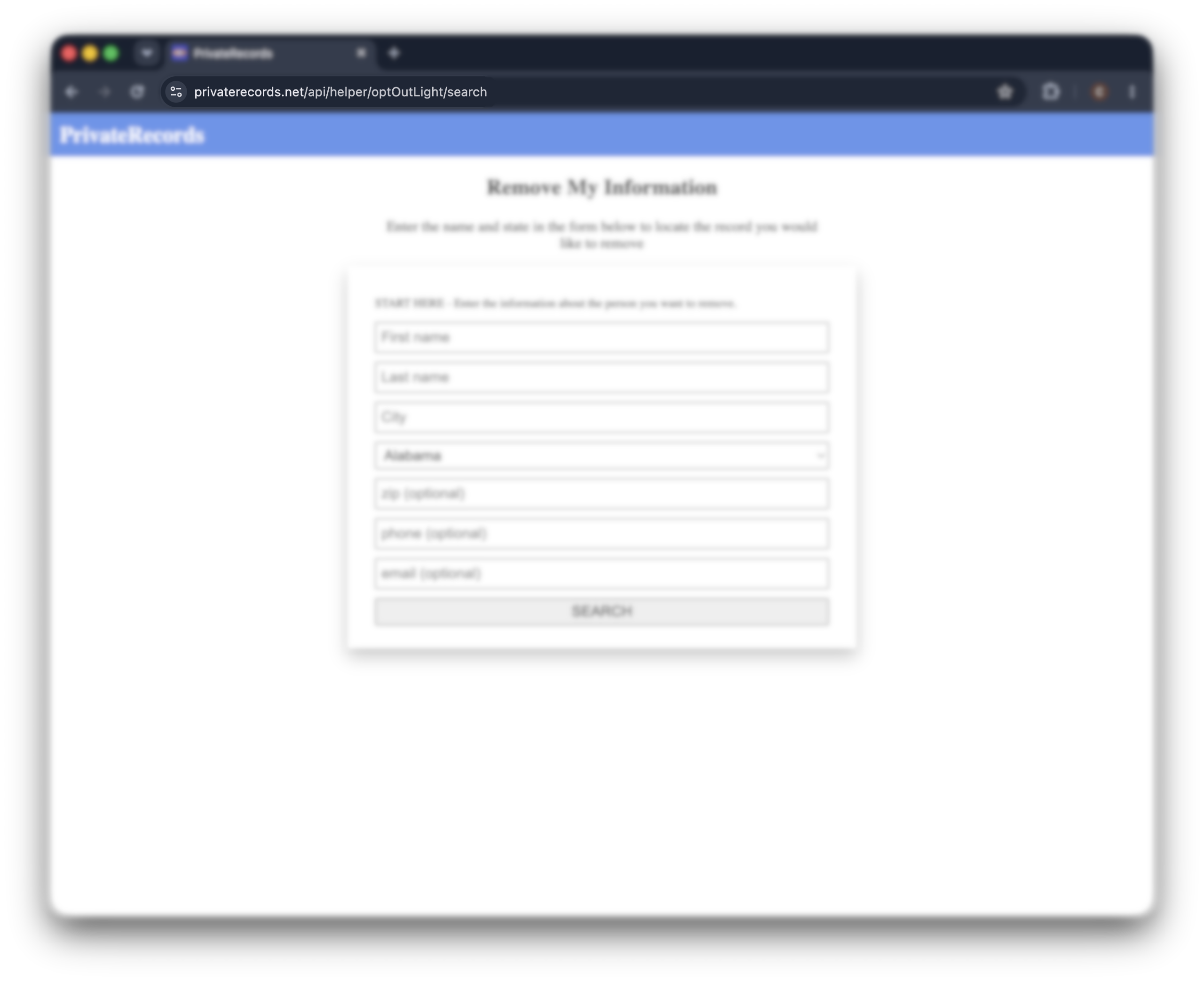 Historical opt-out form interface example for PrivateRecords.net. Example identifying details are obscured where needed.