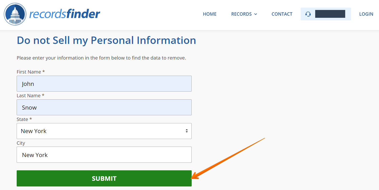 Historical privacy request form interface example for RecordsFinder. Example identifying details are obscured where needed.
