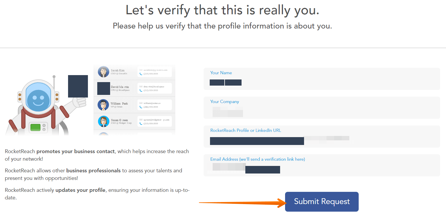 Historical profile claim form interface example for RocketReach. Example identifying details are obscured where needed.