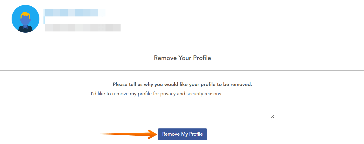 Historical profile-removal confirmation controls interface example for RocketReach. Example identifying details are obscured where needed.
