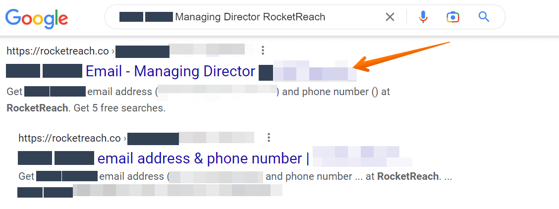 Historical profile search result interface example for RocketReach. Example identifying details are obscured where needed.