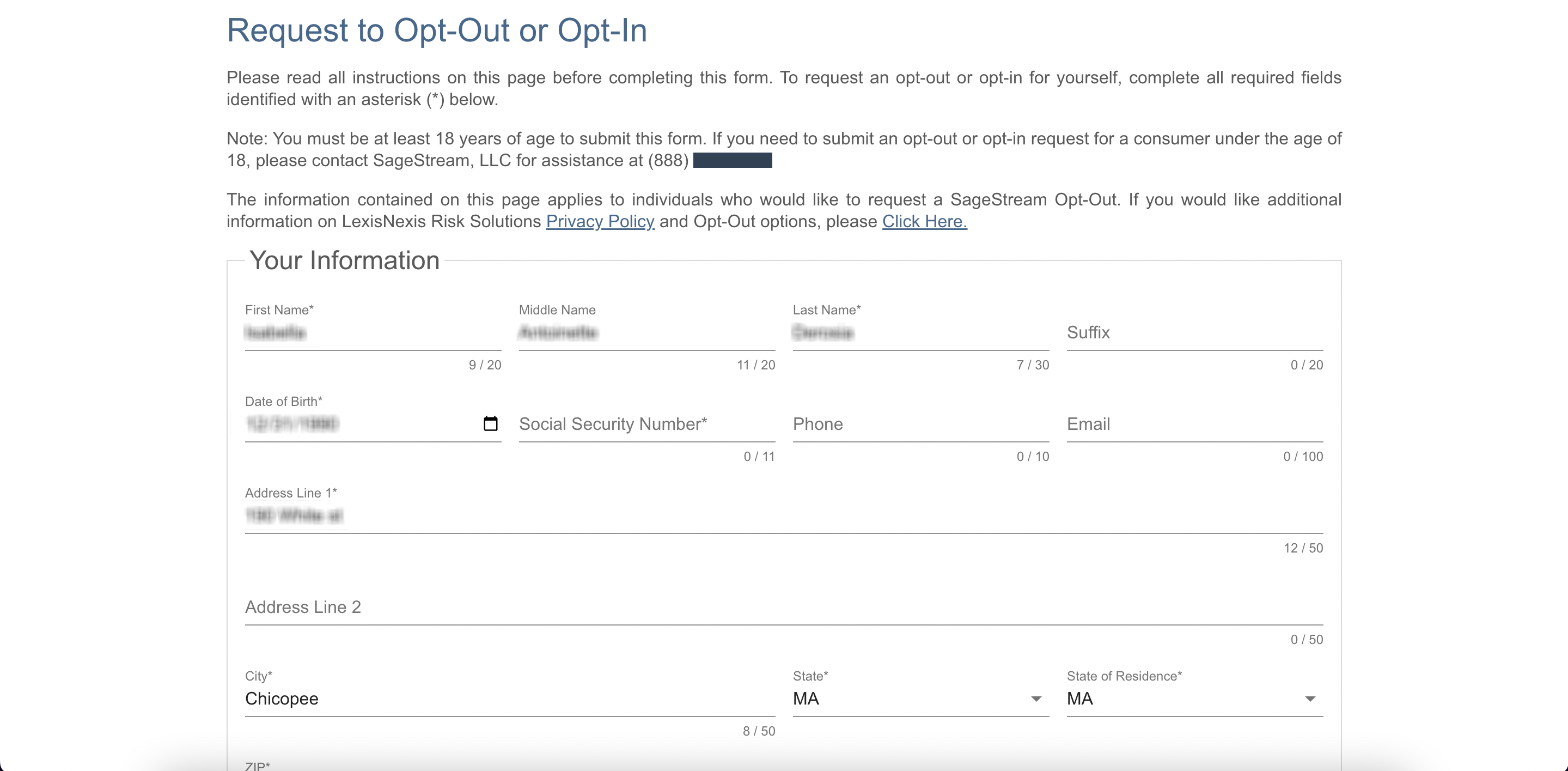 Historical prescreening opt-out form interface example for SageStream. Example identifying details are obscured where needed.