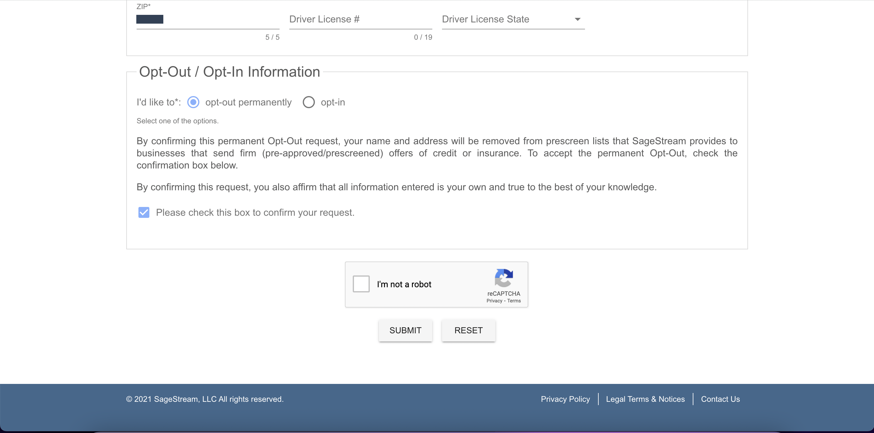 Historical permanent opt-out selection interface example for SageStream. Example identifying details are obscured where needed.