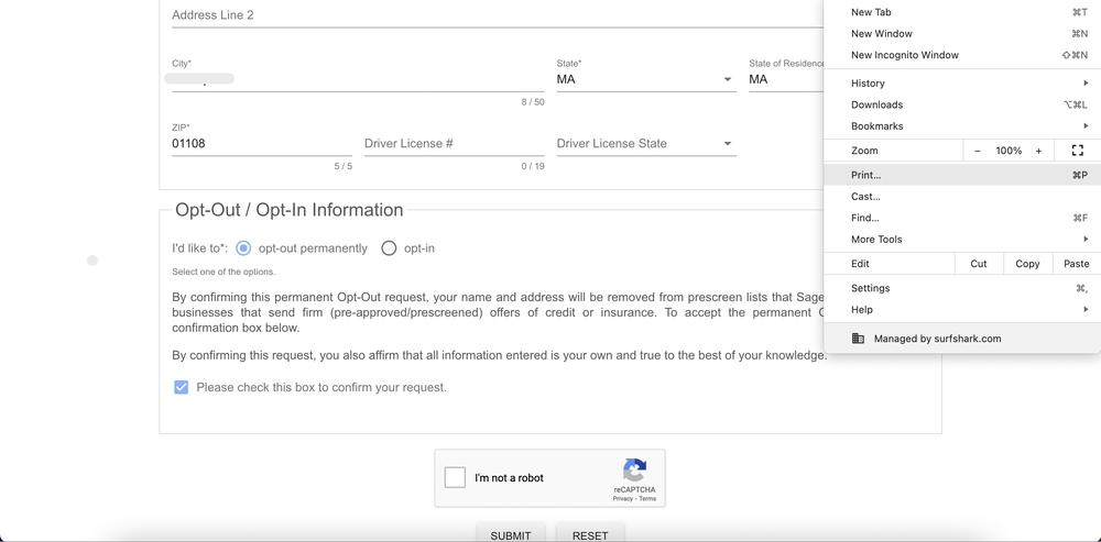 Historical printable prescreening request interface example for SageStream. Example identifying details are obscured where needed.