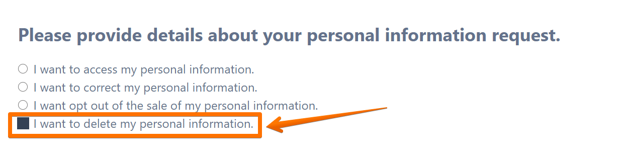 Historical privacy request choice interface example for Seamless.AI. Example identifying details are obscured where needed.