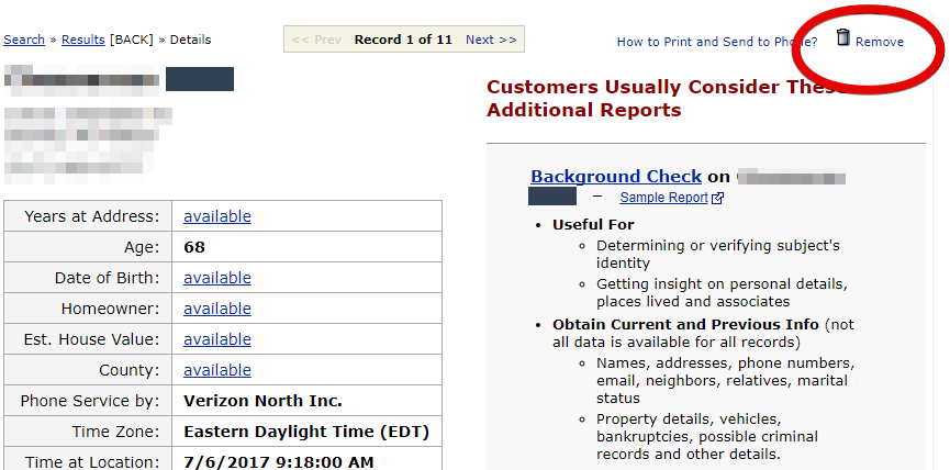 Historical record-removal control interface example for Searchbug. Example identifying details are obscured where needed.