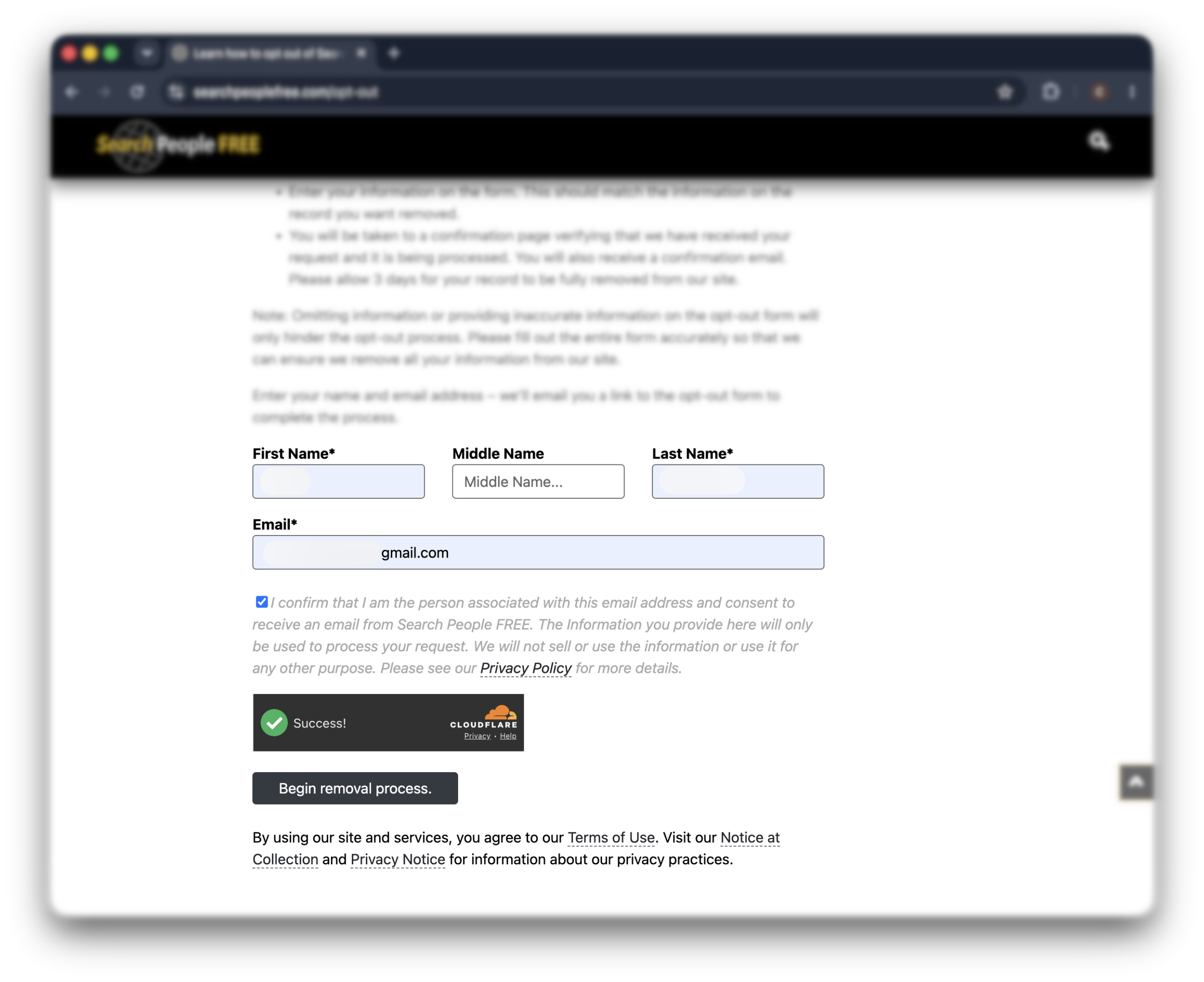 Historical initial email request interface example for SearchPeopleFREE. Example identifying details are obscured where needed.