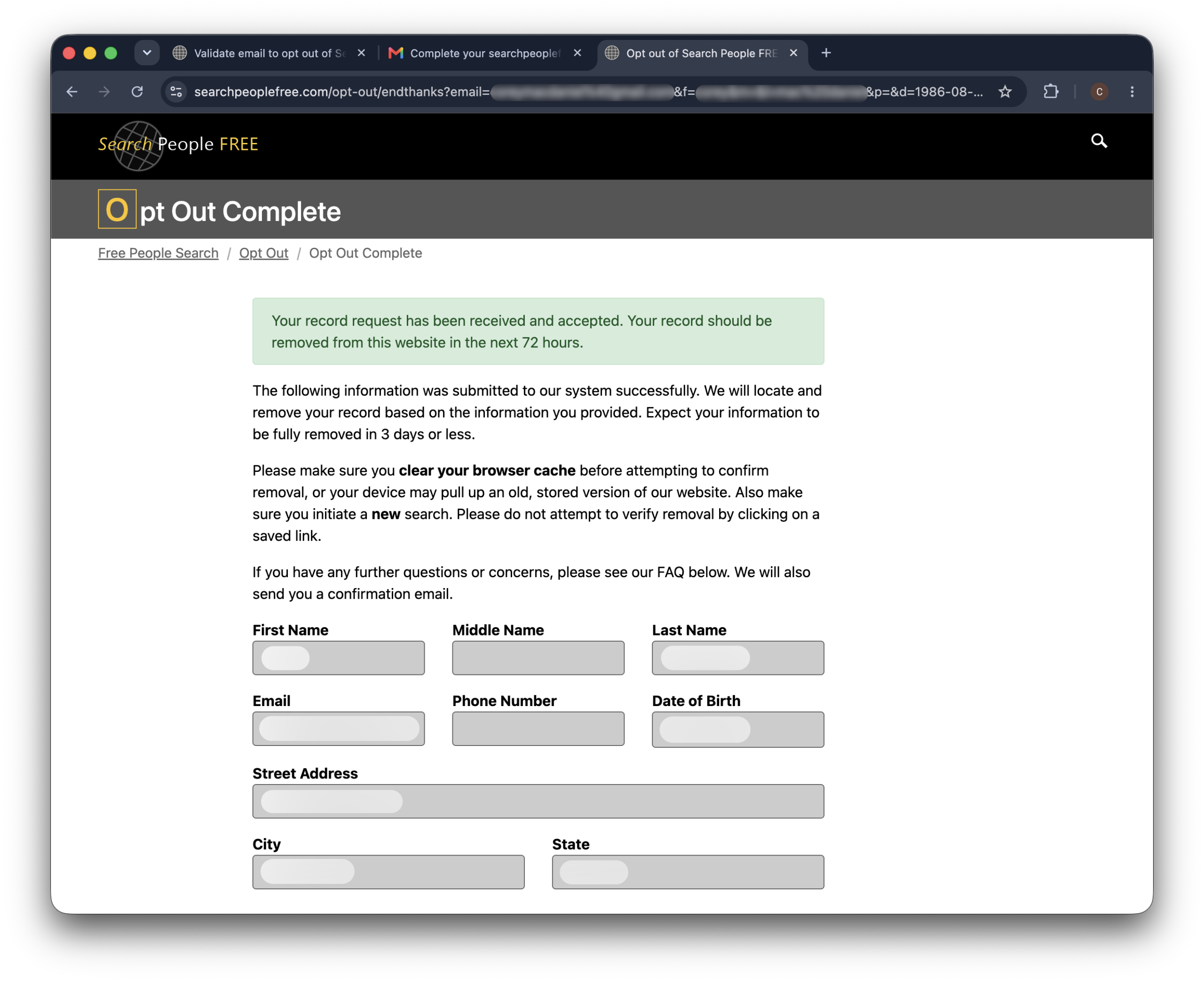 Historical record request controls interface example for SearchPeopleFREE. Example identifying details are obscured where needed.