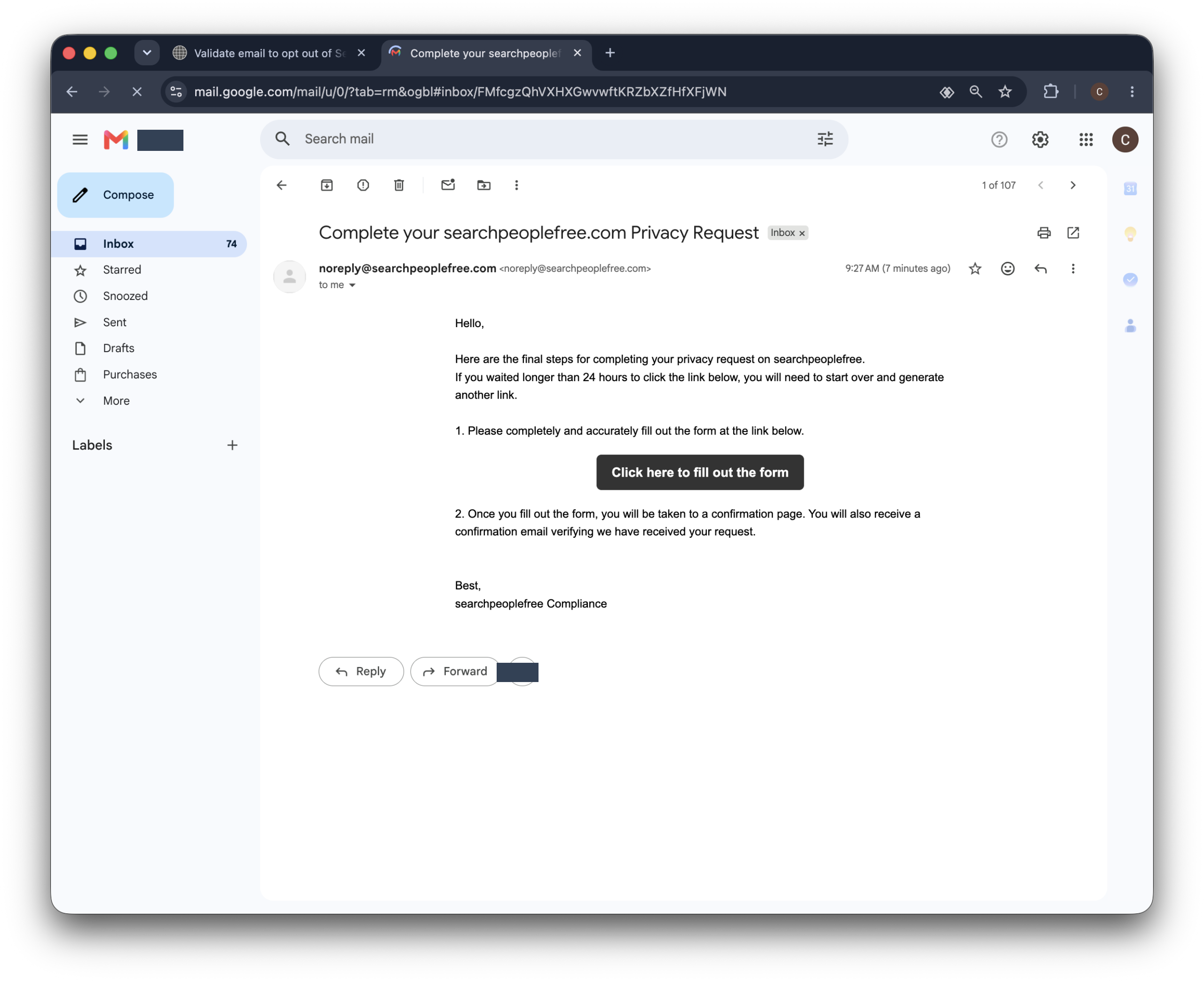 Historical validation email interface example for SearchPeopleFREE. Example identifying details are obscured where needed.