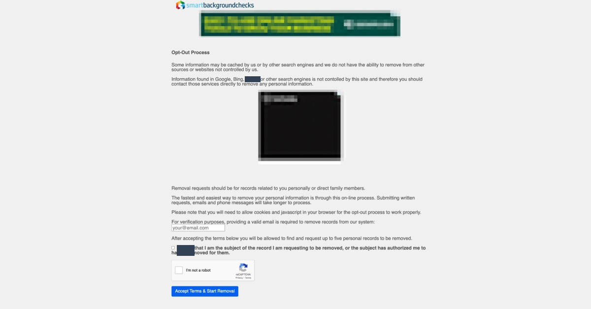 Historical email request form interface example for SmartBackgroundChecks. Example identifying details are obscured where needed.