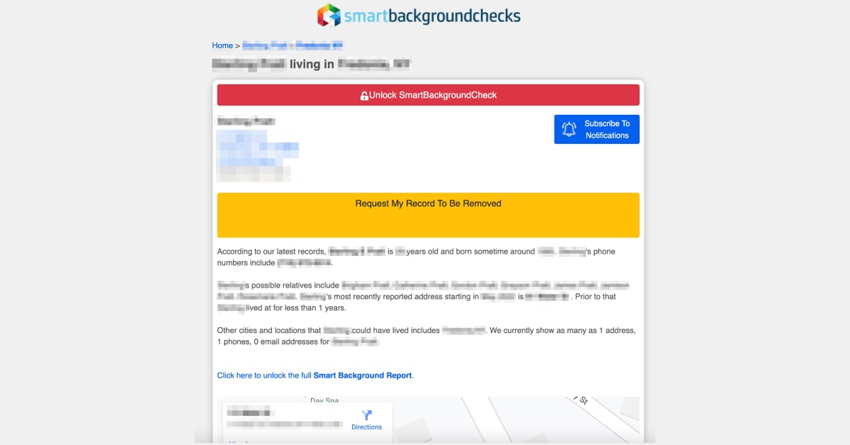 Historical matching-record removal control interface example for SmartBackgroundChecks. Example identifying details are obscured where needed.