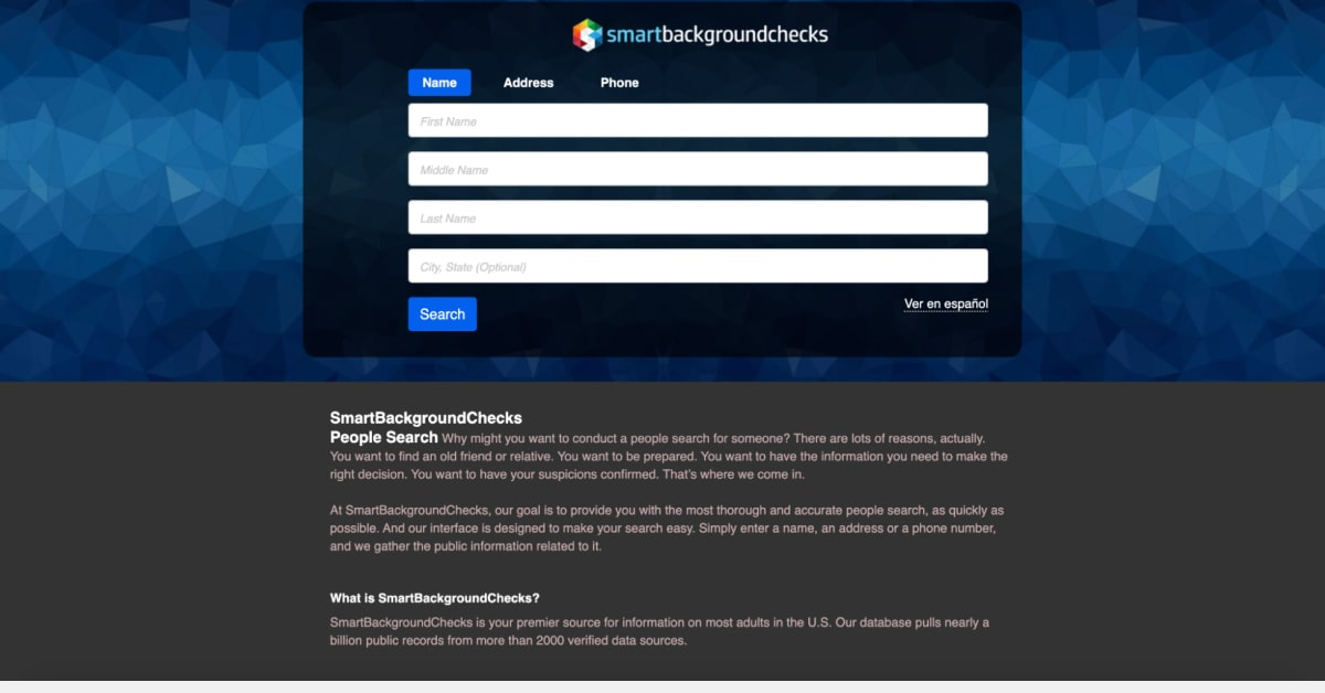 Historical Look up your full name, address, or phone number to find your listing interface example for SmartBackgroundChecks. Example identifying details are obscured where needed.