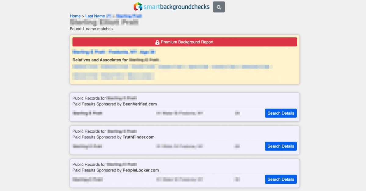 Historical Select your listing and click on your name interface example for SmartBackgroundChecks. Example identifying details are obscured where needed.