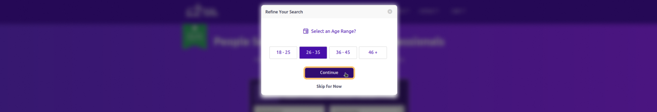 Historical Select your age range and click “continue” interface example for Social Catfish. Example identifying details are obscured where needed.
