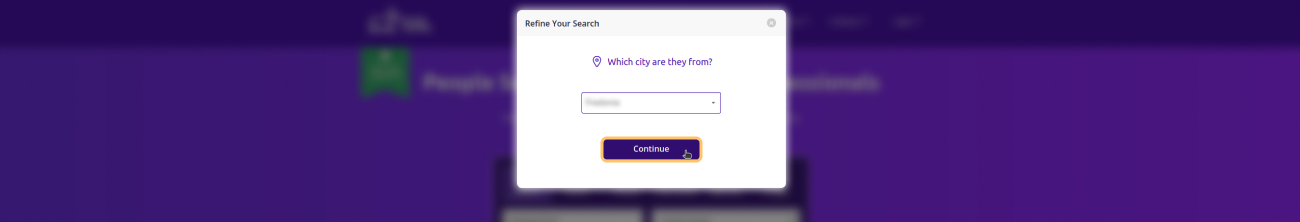 Historical Select your city and click “continue” interface example for Social Catfish. Example identifying details are obscured where needed.