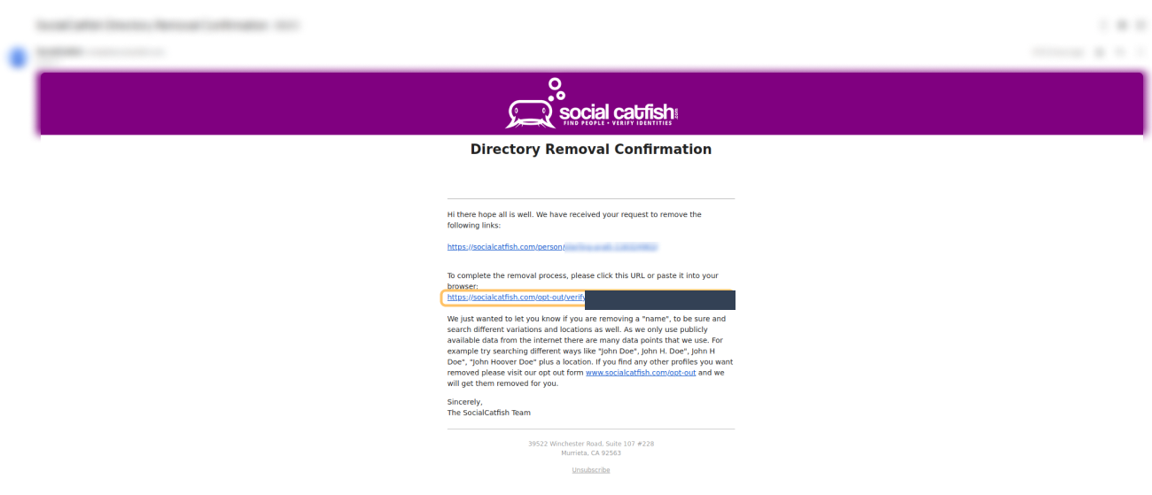 Historical Open the email and click on the second link . interface example for Social Catfish. Example identifying details are obscured where needed.