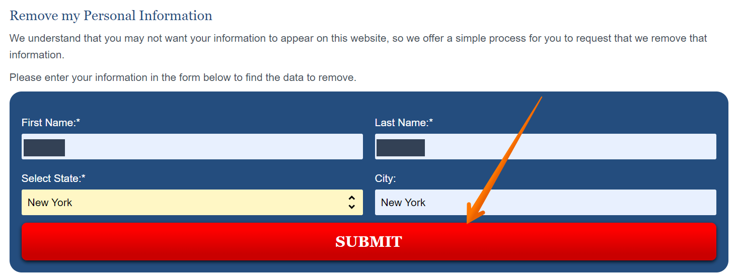 Historical record search form interface example for StateRecords. Example identifying details are obscured where needed.