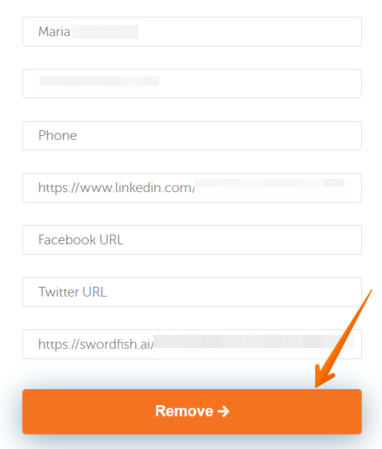 Historical contact-information removal form interface example for Swordfish.ai. Example identifying details are obscured where needed.