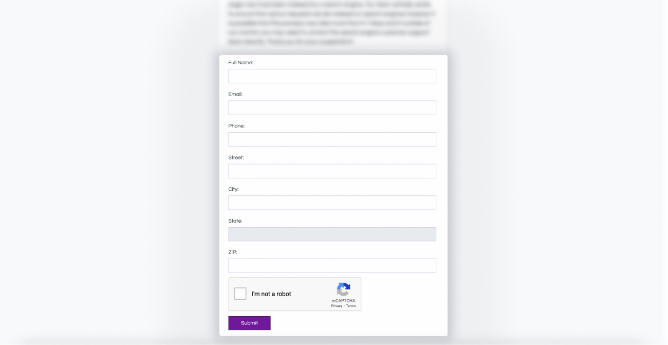 Historical opt-out form interface example for ThatsThem. Example identifying details are obscured where needed.