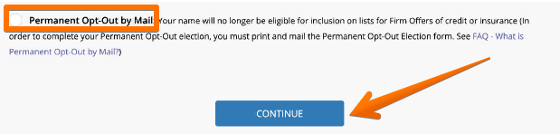 Historical permanent prescreening opt-out choice interface example for TransUnion. Example identifying details are obscured where needed.