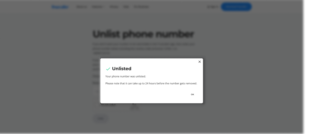 Historical unlisting response message interface example for Truecaller. Example identifying details are obscured where needed.