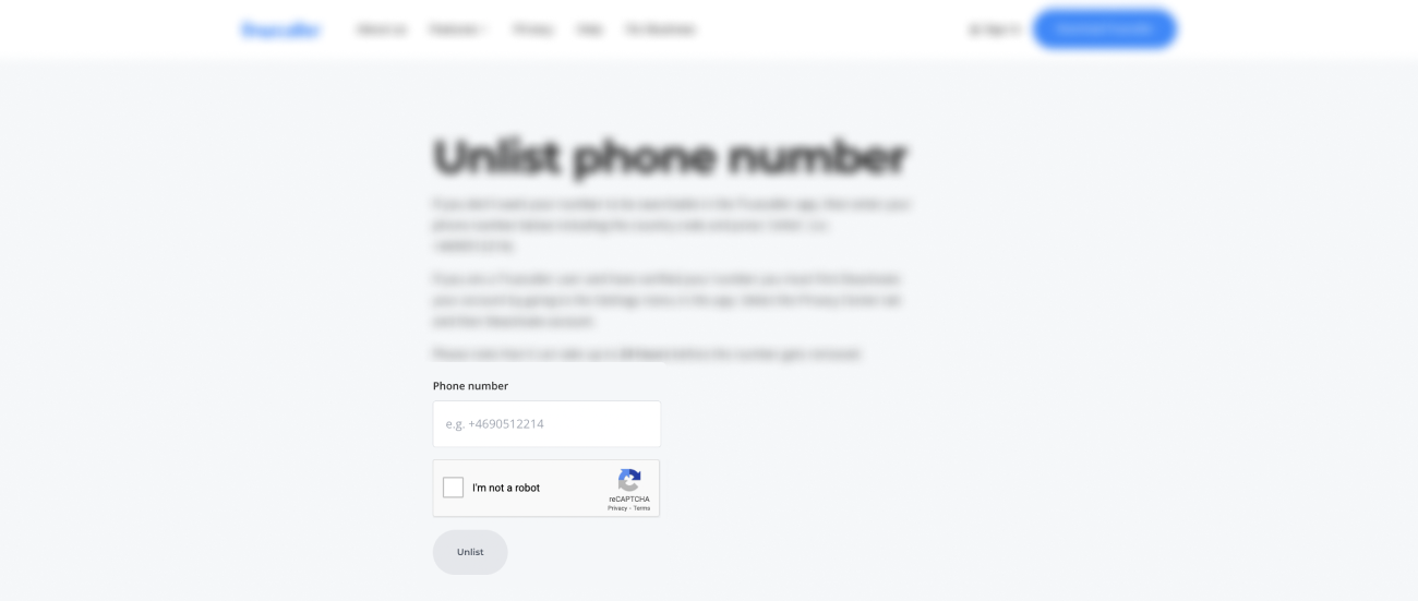 Historical blank number-unlisting page interface example for Truecaller. Example identifying details are obscured where needed.