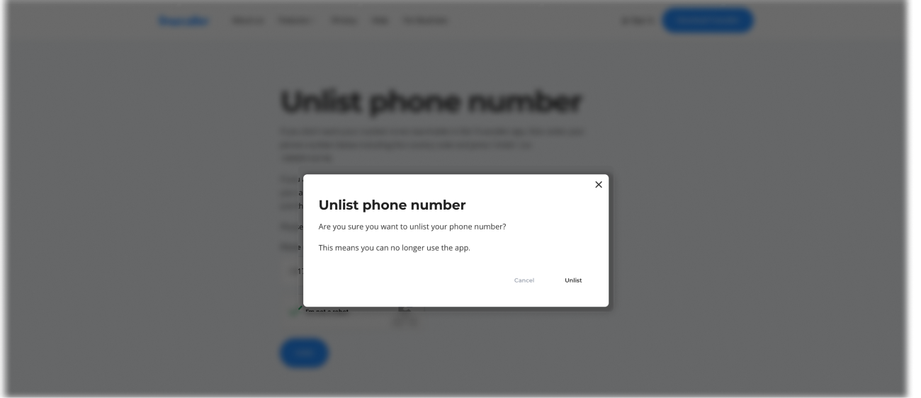 Historical unlisting confirmation prompt interface example for Truecaller. Example identifying details are obscured where needed.