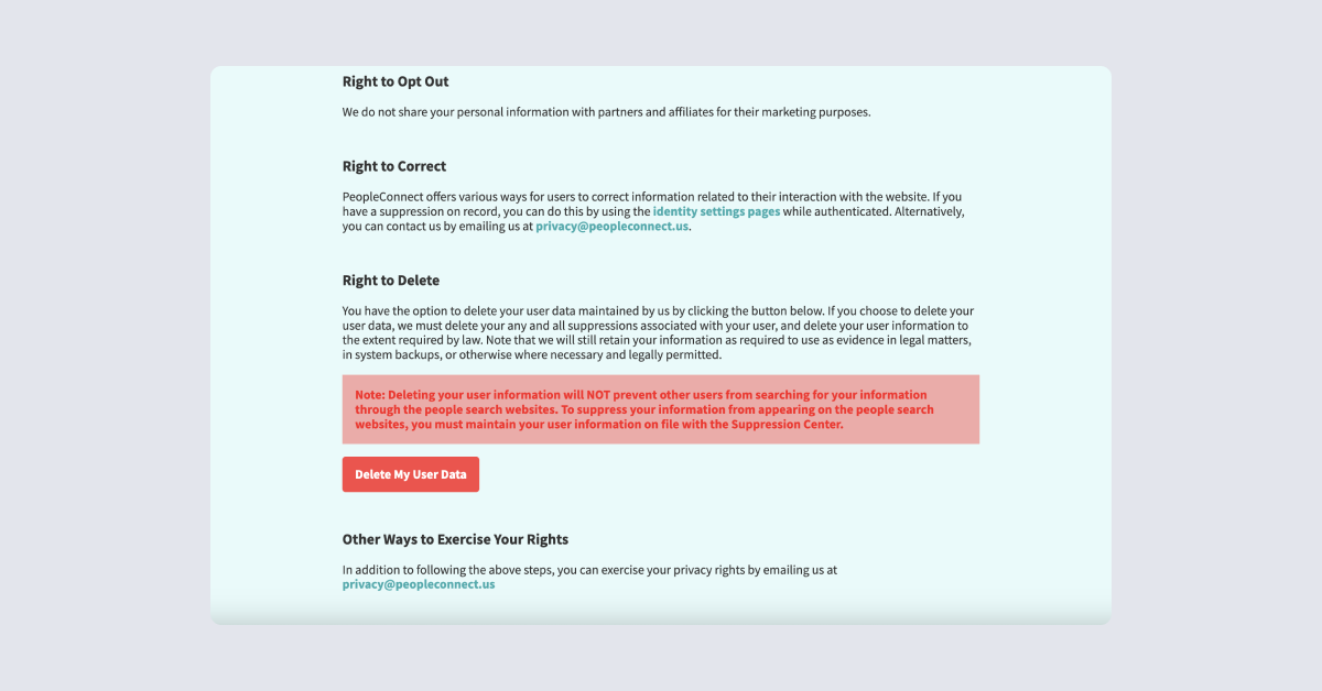 Historical PeopleConnect suppression choice interface example for TruthFinder. Example identifying details are obscured where needed.