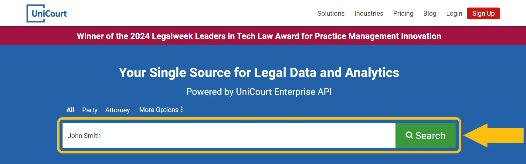 Historical court-record search interface example for UniCourt. Example identifying details are obscured where needed.
