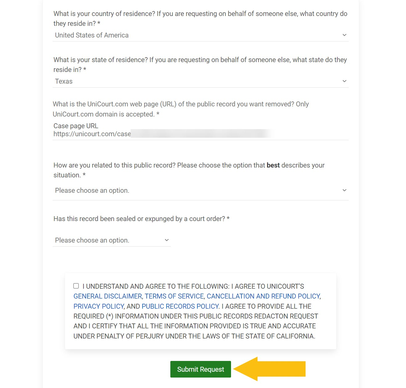 Historical public-record request form interface example for UniCourt. Example identifying details are obscured where needed.