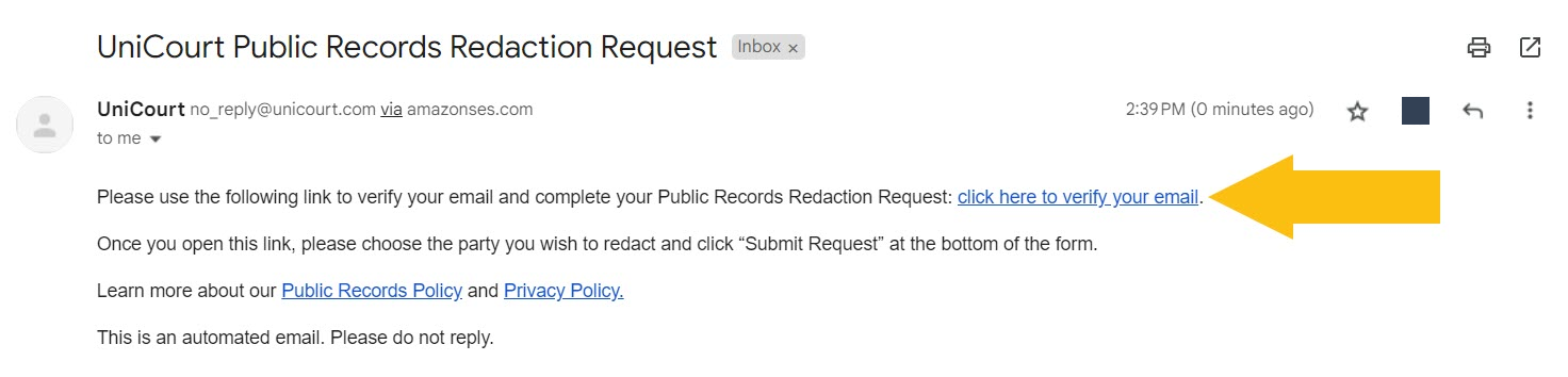 Historical request-verification email interface example for UniCourt. Example identifying details are obscured where needed.