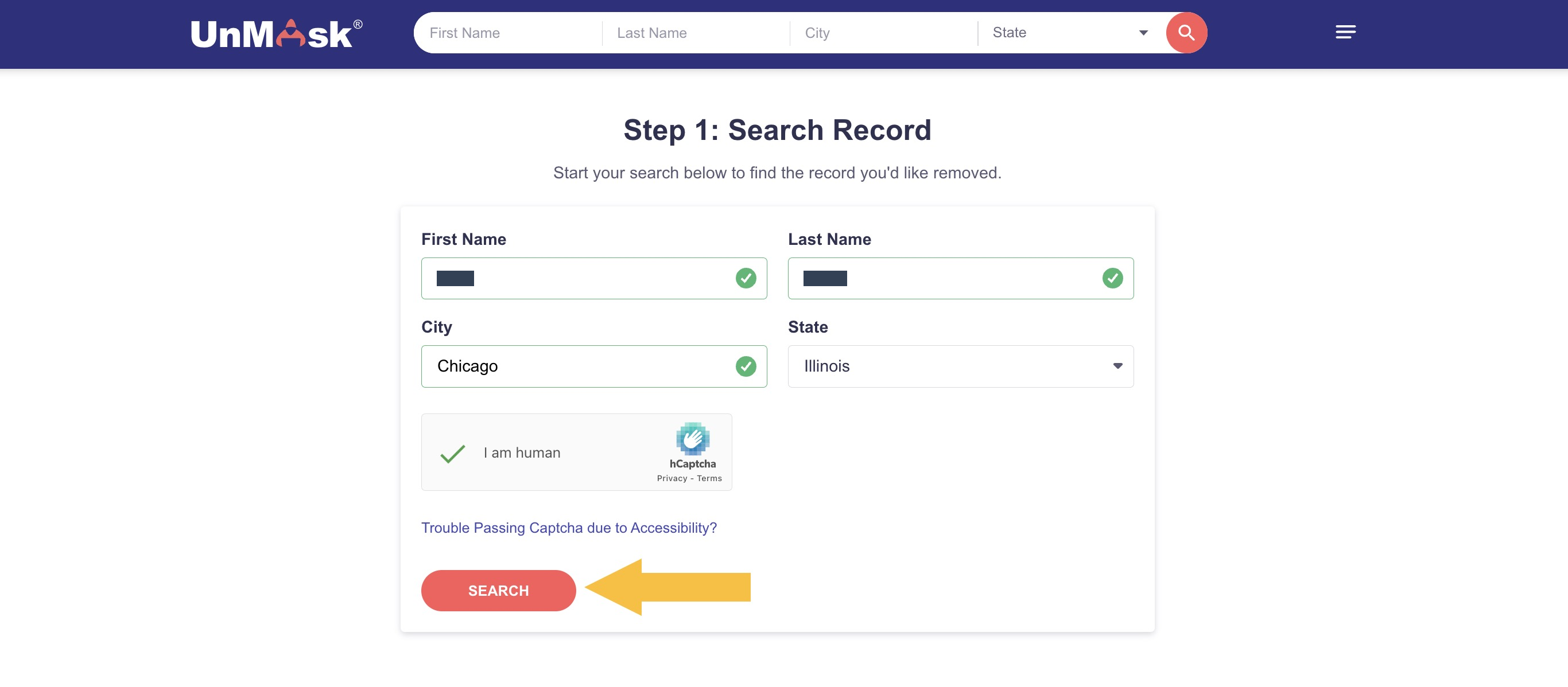 Historical record search fields interface example for Unmask. Example identifying details are obscured where needed.