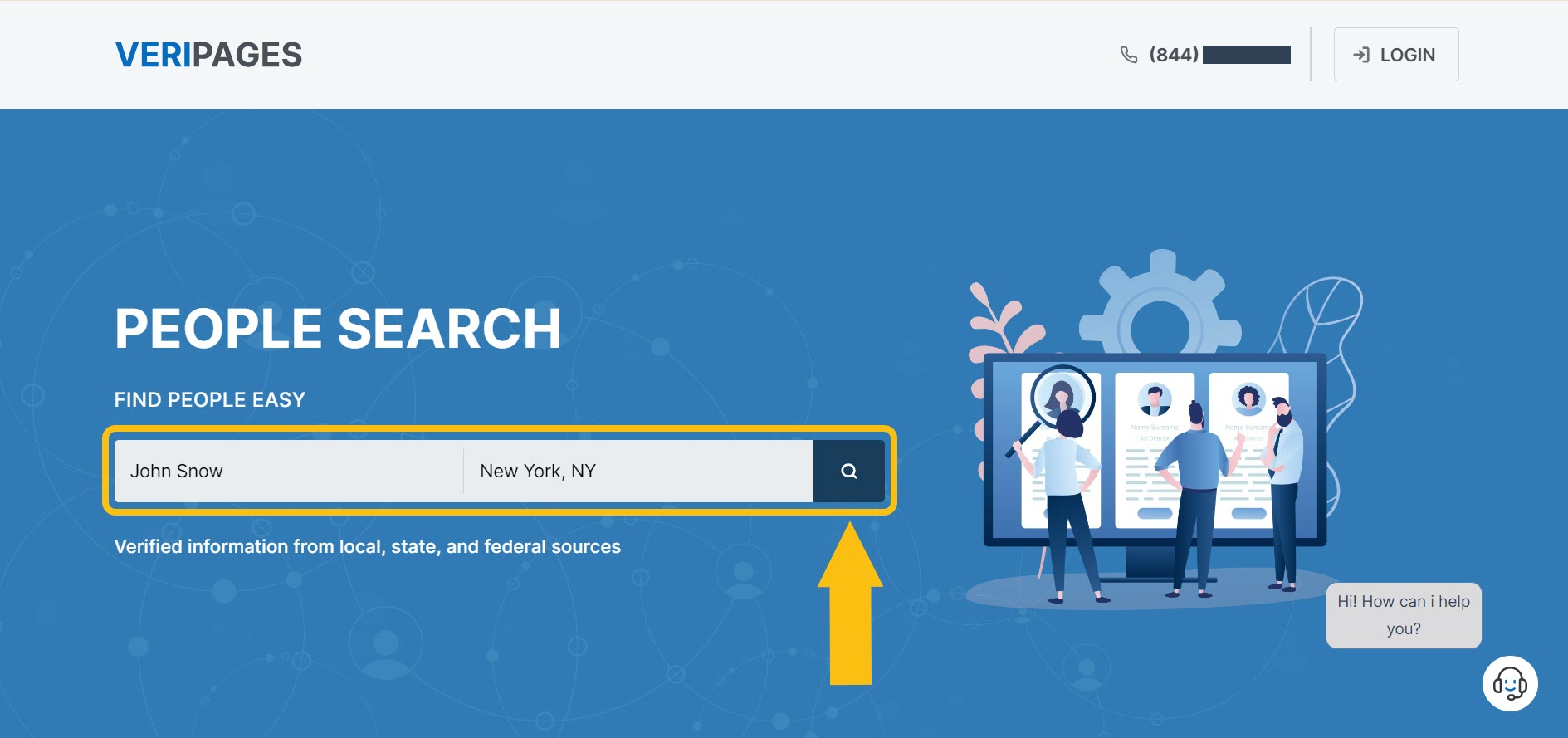 Historical profile search interface example for Veripages. Example identifying details are obscured where needed.
