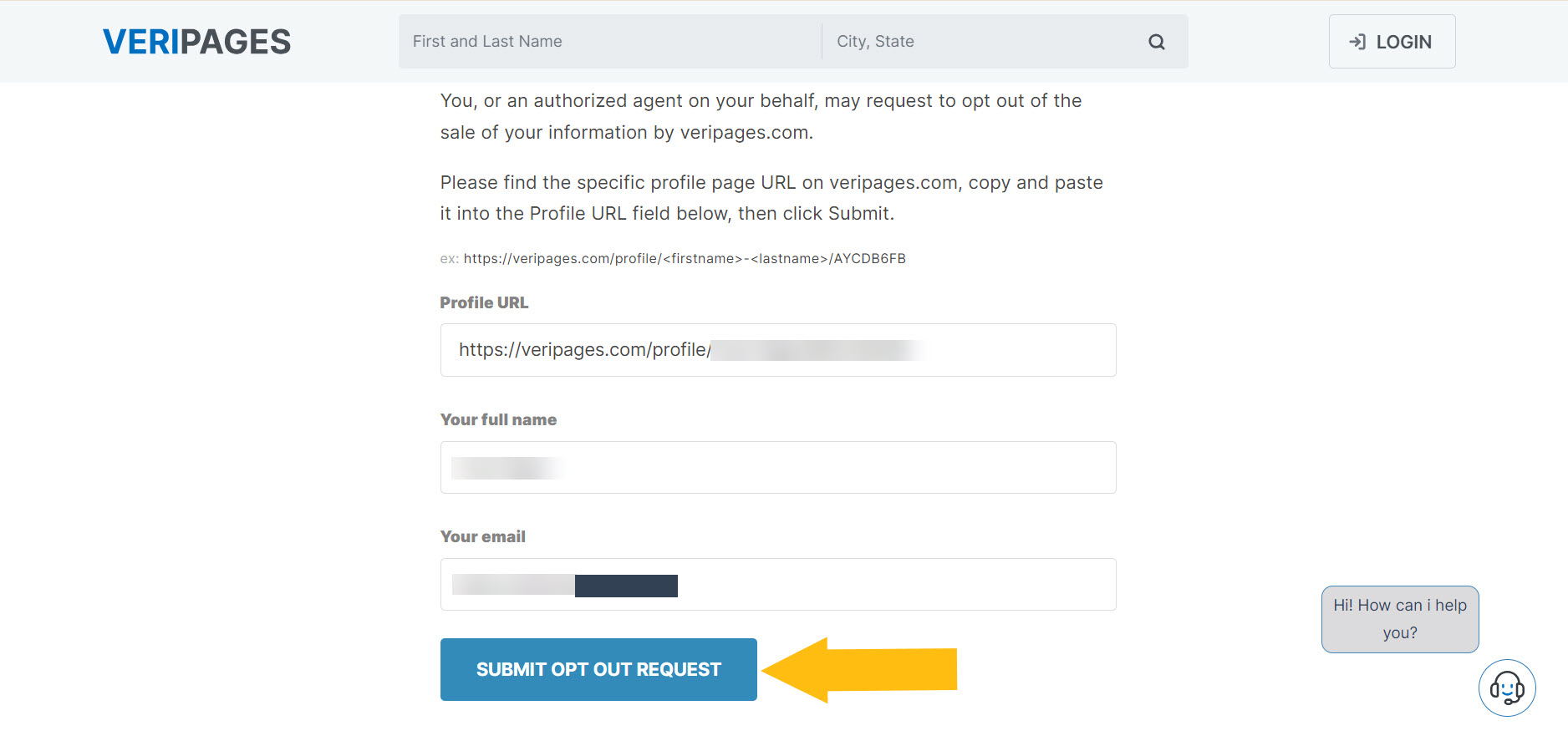Historical opt-out form interface example for Veripages. Example identifying details are obscured where needed.
