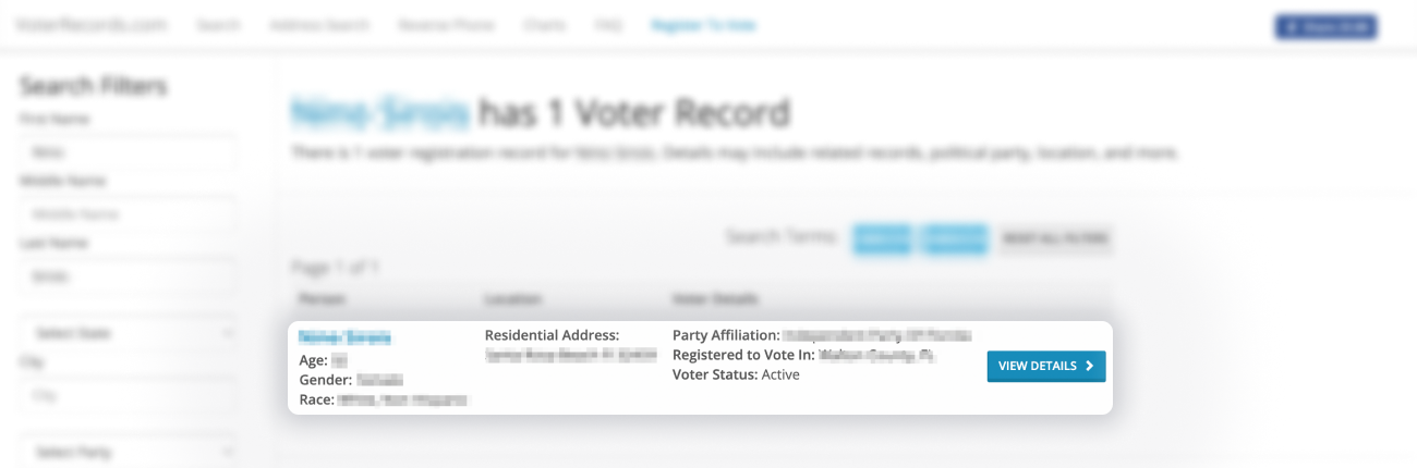 Historical Find your listing and click “view details” interface example for VoterRecords. Example identifying details are obscured where needed.