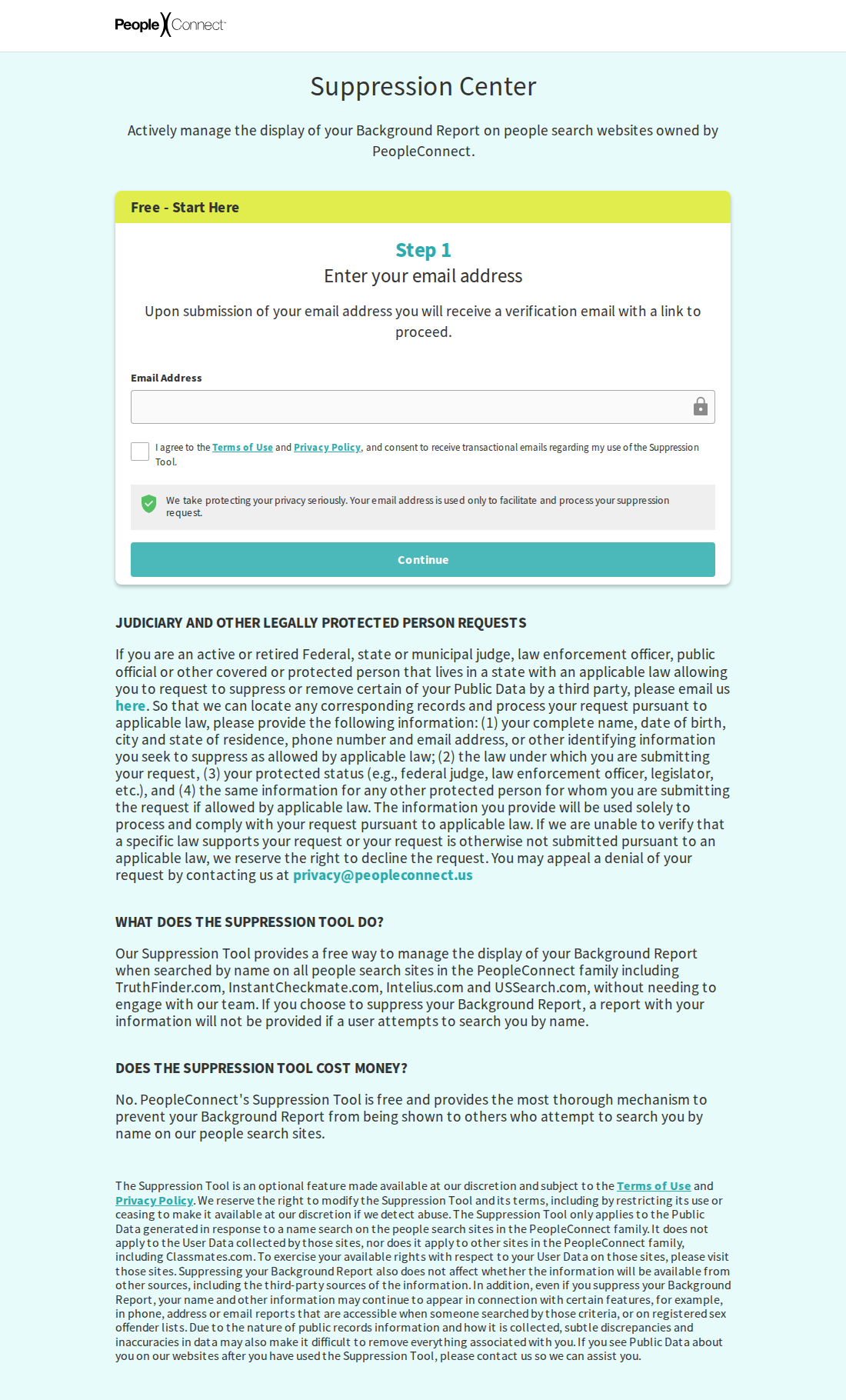PeopleConnect's blank public request form for the Intelius route, inspected 2026-10-09. No identifying details entered.
