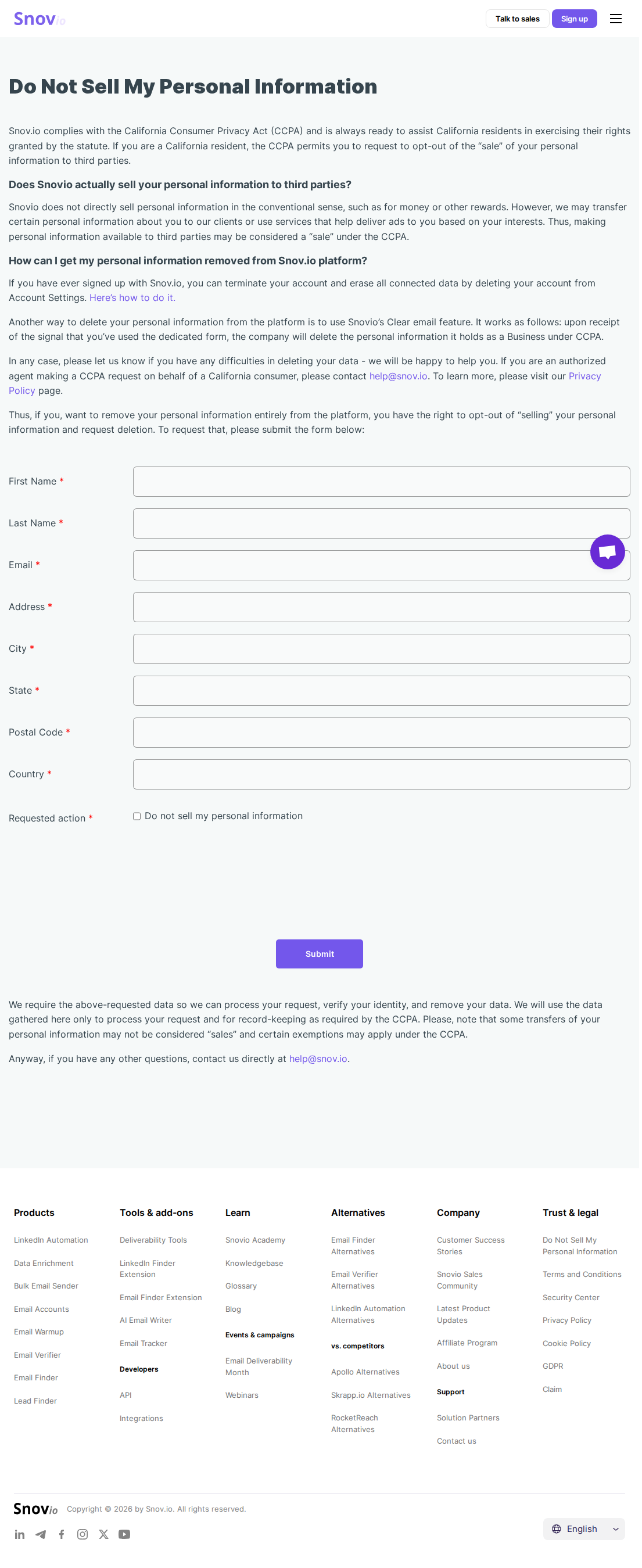 Snov.io's blank public request form for the Snov.io route, inspected 2026-10-09. No identifying details entered.