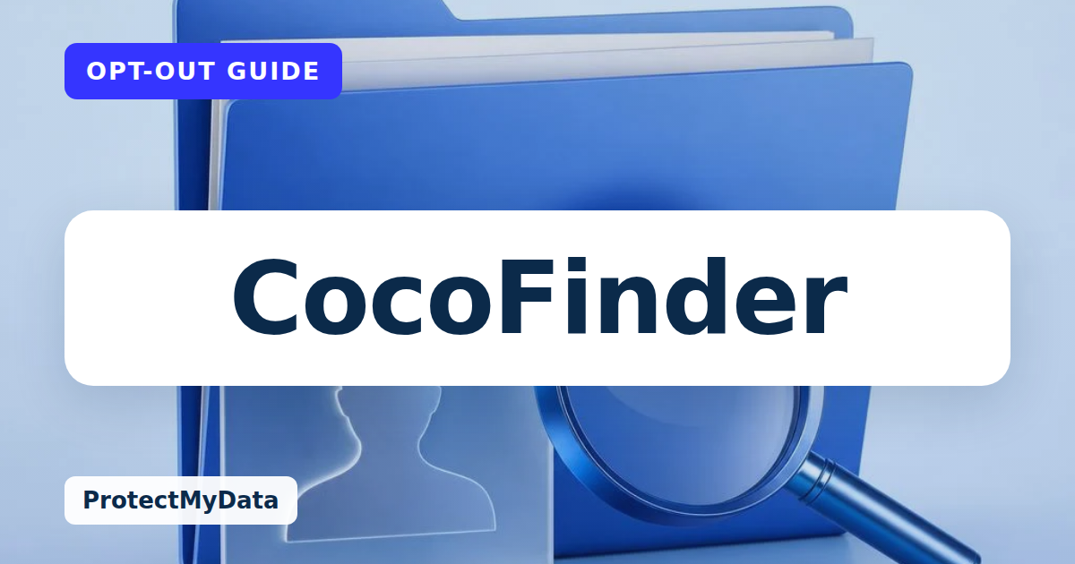 CocoFinder opt-out guide, with the broker name prominently labelled on original ProtectMyData artwork.