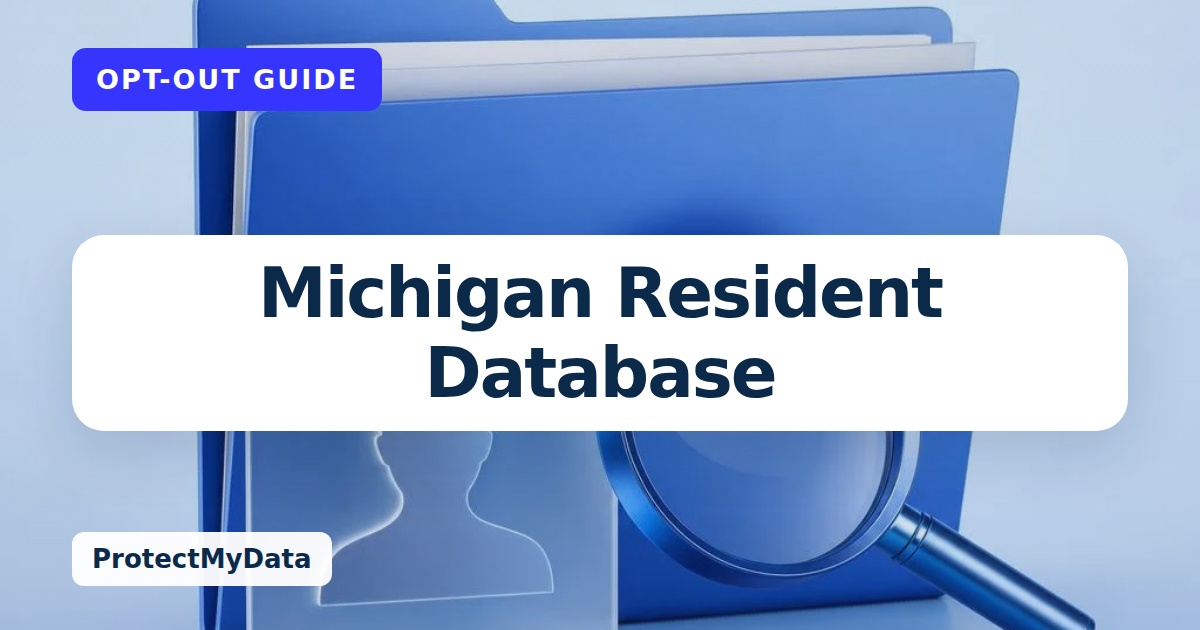 Michigan Resident Database opt-out guide, with the broker name prominently labelled on original ProtectMyData artwork.