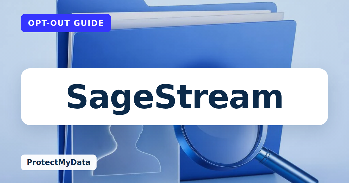 SageStream opt-out guide, with the broker name prominently labelled on original ProtectMyData artwork.