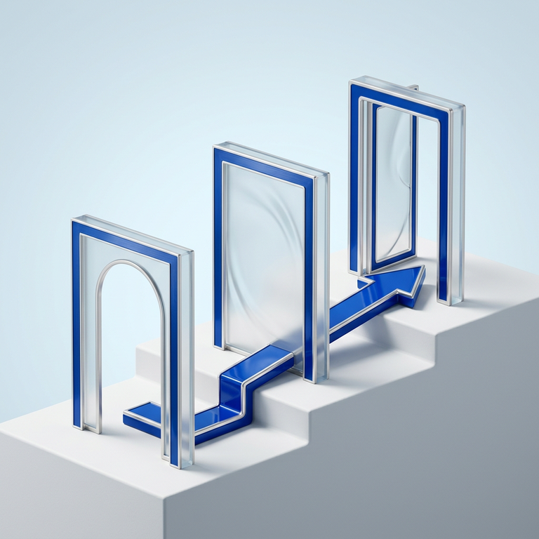 Original conceptual illustration: transparent portals and a directional arrow, representing finding the official request route. Not a broker screenshot.